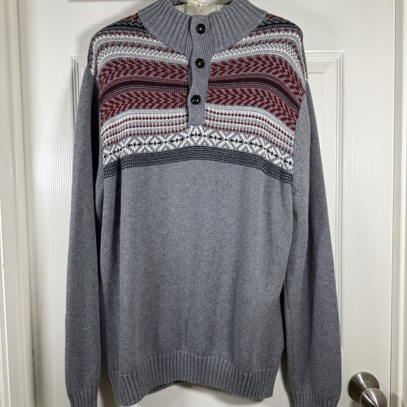 Chaps‎ Sweater Men's Medium Gray Red Henley Heavy Knit Holiday Fair Isle Nordic - Picture 6 of 11